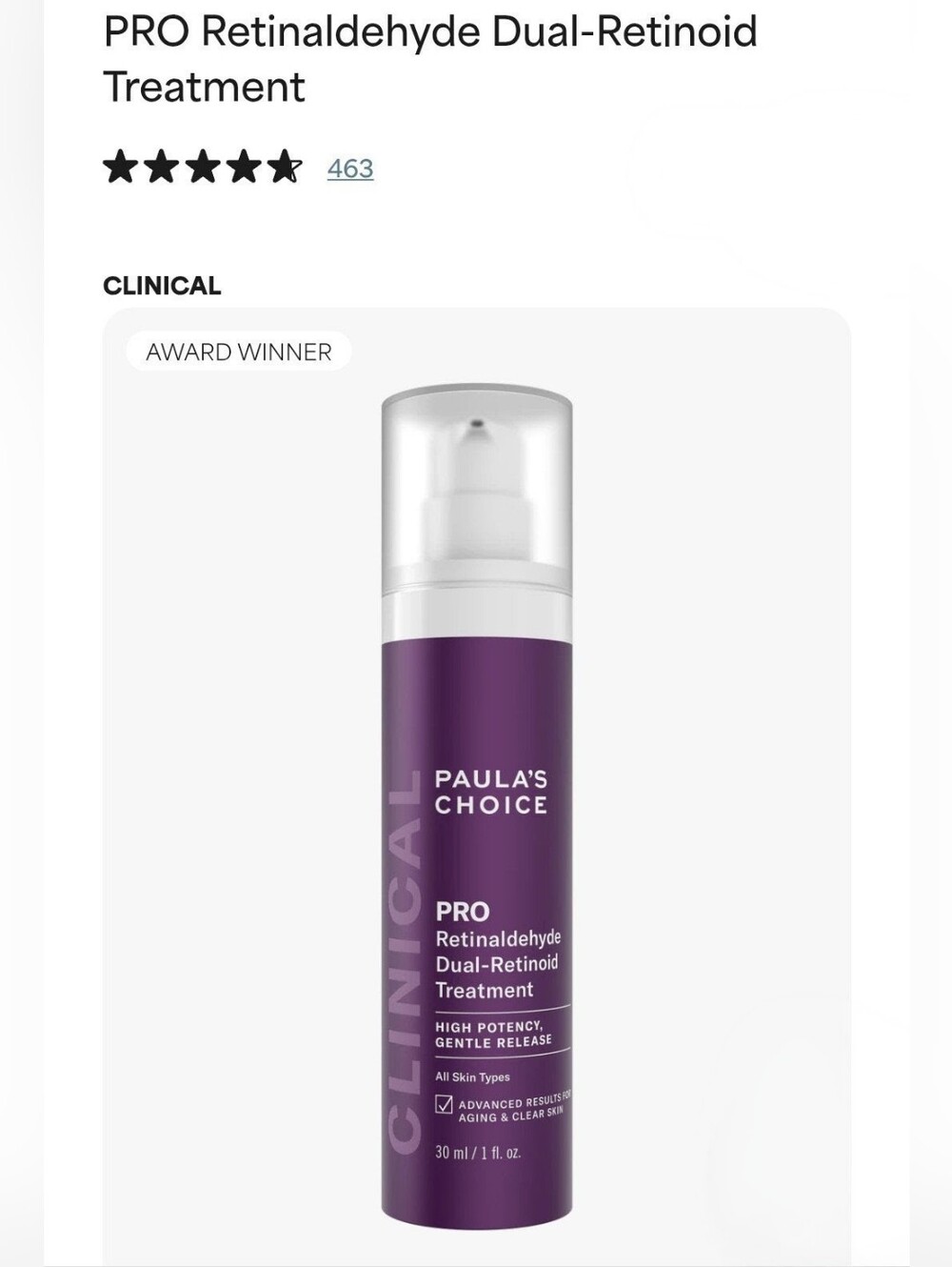Paula's Choice PRO Retinaldehyde Dual-Retinoid Treatment 1 oz NEW Sealed No Box